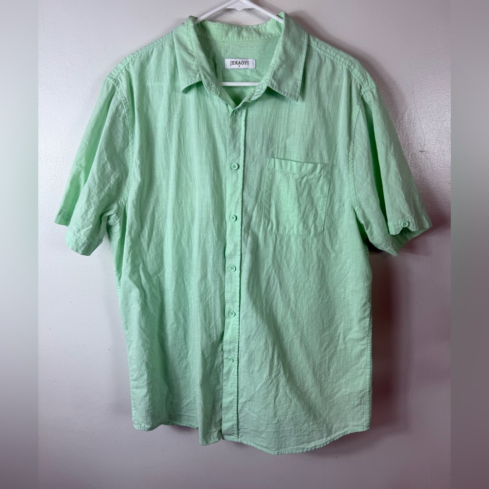 Jekaoyi Womens Linen Cotton Button‎ Up Blouse Short Sleeve Large Mint Green